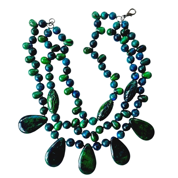 Azurite Malachite Chrysocolla Cabochon Tiered Beaded Statement Necklace - Picture 6 of 10